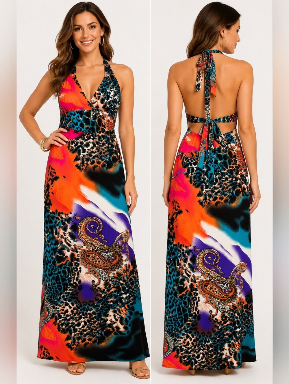 ✨ IB Diffusion Halter Maxi Dress | Animal Print Paisley | Tropical Statement Dre